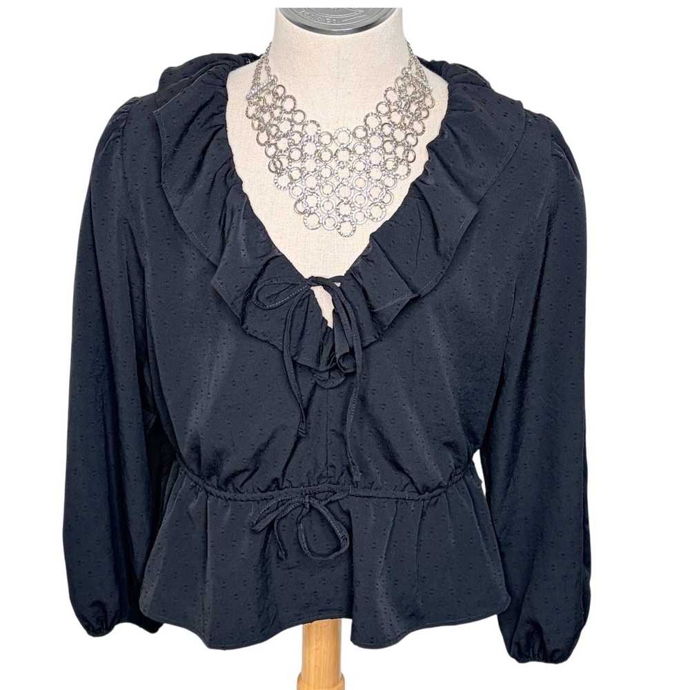 Old Navy Blouse XL Black Swiss Dot Ruffle Tie Front Peplum Balloon Sleeve